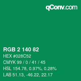 カラーコード: RGB 2 140 82 | qconv.com