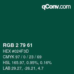 カラーコード: RGB 2 79 61 | qconv.com