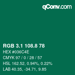 Color code: RGB 3.1 108.8 78 | qconv.com