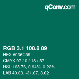 カラーコード: RGB 3.1 108.8 89 | qconv.com