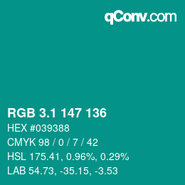 カラーコード: RGB 3.1 147 136 | qconv.com