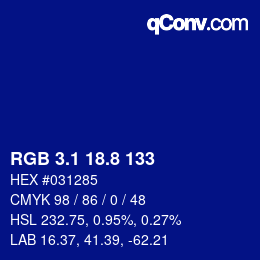 カラーコード: RGB 3.1 18.8 133 | qconv.com