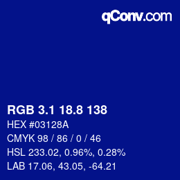 カラーコード: RGB 3.1 18.8 138 | qconv.com