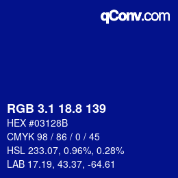 カラーコード: RGB 3.1 18.8 139 | qconv.com