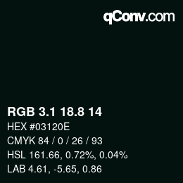 カラーコード: RGB 3.1 18.8 14 | qconv.com