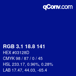 カラーコード: RGB 3.1 18.8 141 | qconv.com