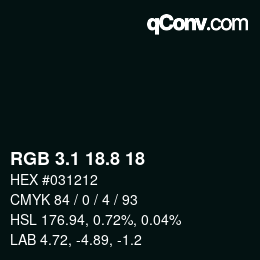 Color code: RGB 3.1 18.8 18 | qconv.com