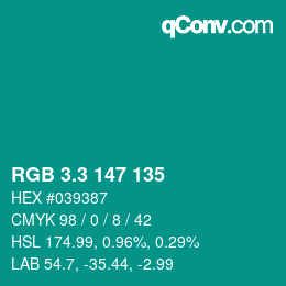 カラーコード: RGB 3.3 147 135 | qconv.com
