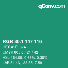 カラーコード: RGB 30.1 147 116 | qconv.com