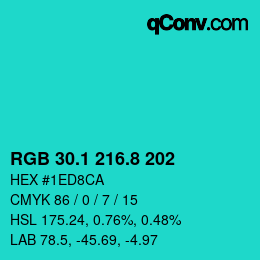 カラーコード: RGB 30.1 216.8 202 | qconv.com