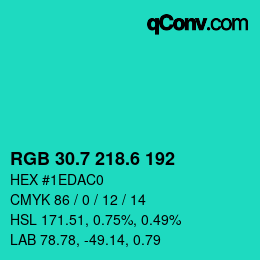 カラーコード: RGB 30.7 218.6 192 | qconv.com