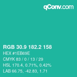 カラーコード: RGB 30.9 182.2 158 | qconv.com