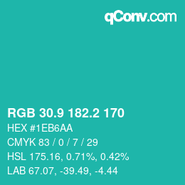 カラーコード: RGB 30.9 182.2 170 | qconv.com