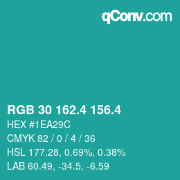 カラーコード: RGB 30 162.4 156.4 | qconv.com
