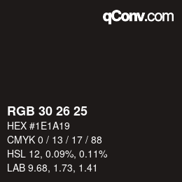 Color code: RGB 30 26 25 | qconv.com