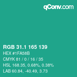 カラーコード: RGB 31.1 165 139 | qconv.com