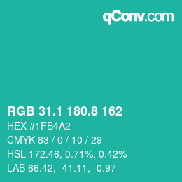 カラーコード: RGB 31.1 180.8 162 | qconv.com