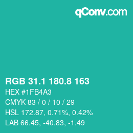 カラーコード: RGB 31.1 180.8 163 | qconv.com