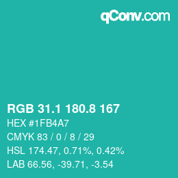 カラーコード: RGB 31.1 180.8 167 | qconv.com
