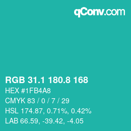 カラーコード: RGB 31.1 180.8 168 | qconv.com