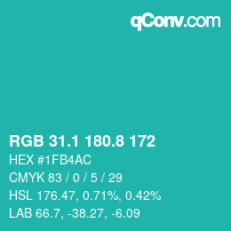 カラーコード: RGB 31.1 180.8 172 | qconv.com