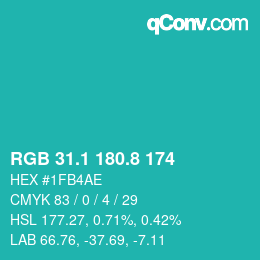 カラーコード: RGB 31.1 180.8 174 | qconv.com