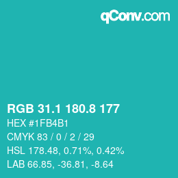 カラーコード: RGB 31.1 180.8 177 | qconv.com