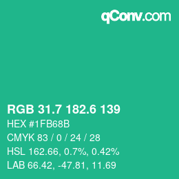 カラーコード: RGB 31.7 182.6 139 | qconv.com