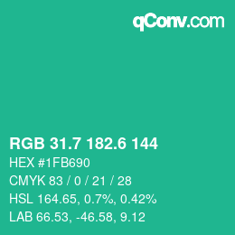 カラーコード: RGB 31.7 182.6 144 | qconv.com