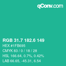 カラーコード: RGB 31.7 182.6 149 | qconv.com