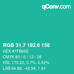 カラーコード: RGB 31.7 182.6 158 | qconv.com