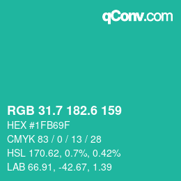 カラーコード: RGB 31.7 182.6 159 | qconv.com