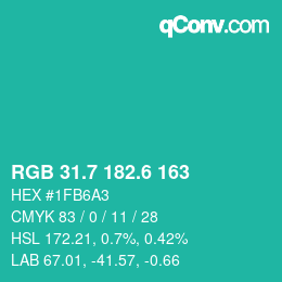 カラーコード: RGB 31.7 182.6 163 | qconv.com