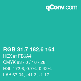 カラーコード: RGB 31.7 182.6 164 | qconv.com