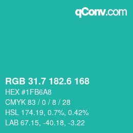カラーコード: RGB 31.7 182.6 168 | qconv.com
