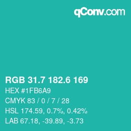 カラーコード: RGB 31.7 182.6 169 | qconv.com