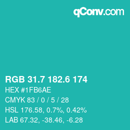 カラーコード: RGB 31.7 182.6 174 | qconv.com