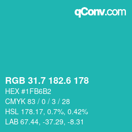 カラーコード: RGB 31.7 182.6 178 | qconv.com