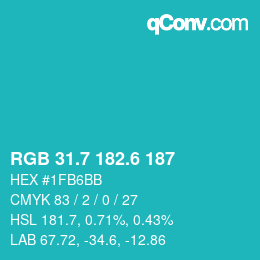 カラーコード: RGB 31.7 182.6 187 | qconv.com