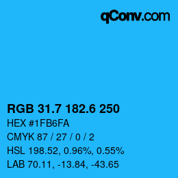 カラーコード: RGB 31.7 182.6 250 | qconv.com