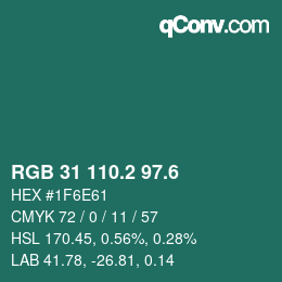 カラーコード: RGB 31 110.2 97.6 | qconv.com