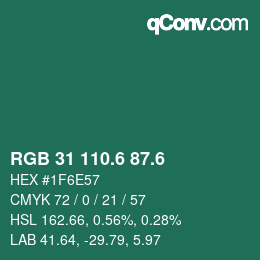 カラーコード: RGB 31 110.6 87.6 | qconv.com