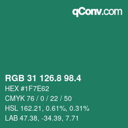 カラーコード: RGB 31 126.8 98.4 | qconv.com