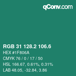 カラーコード: RGB 31 128.2 106.6 | qconv.com