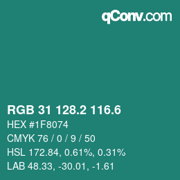 カラーコード: RGB 31 128.2 116.6 | qconv.com