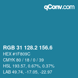 カラーコード: RGB 31 128.2 156.6 | qconv.com