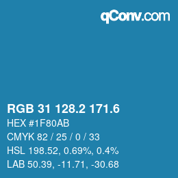 カラーコード: RGB 31 128.2 171.6 | qconv.com