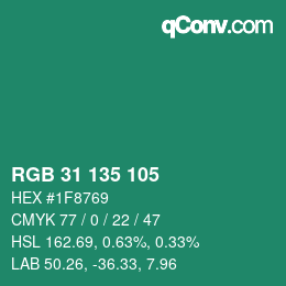 Color code: RGB 31 135 105 | qconv.com