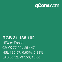 Color code: RGB 31 136 102 | qconv.com