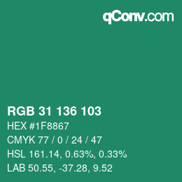 Color code: RGB 31 136 103 | qconv.com